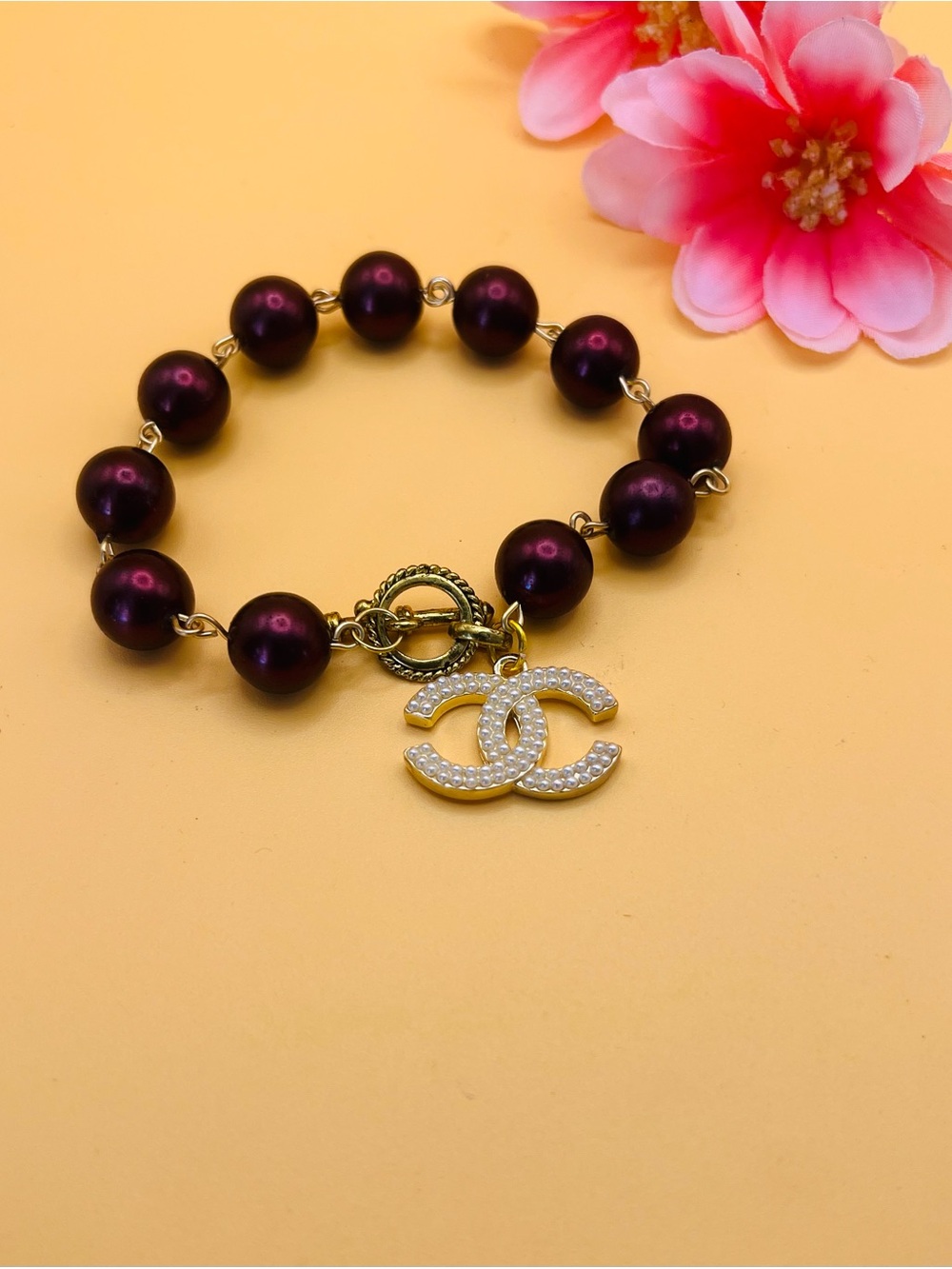 Vintage Deep Plum Pearl Charm Bracelet Gold-Tone